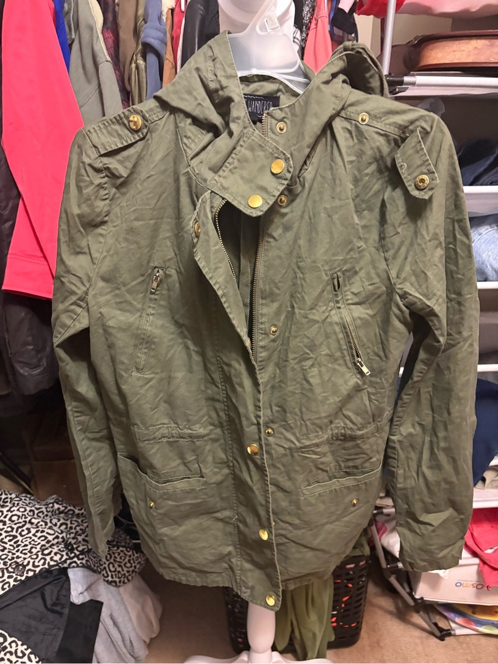 Sweet Wanderer Olive Hooded Military Field Jacket with Gold Hardware